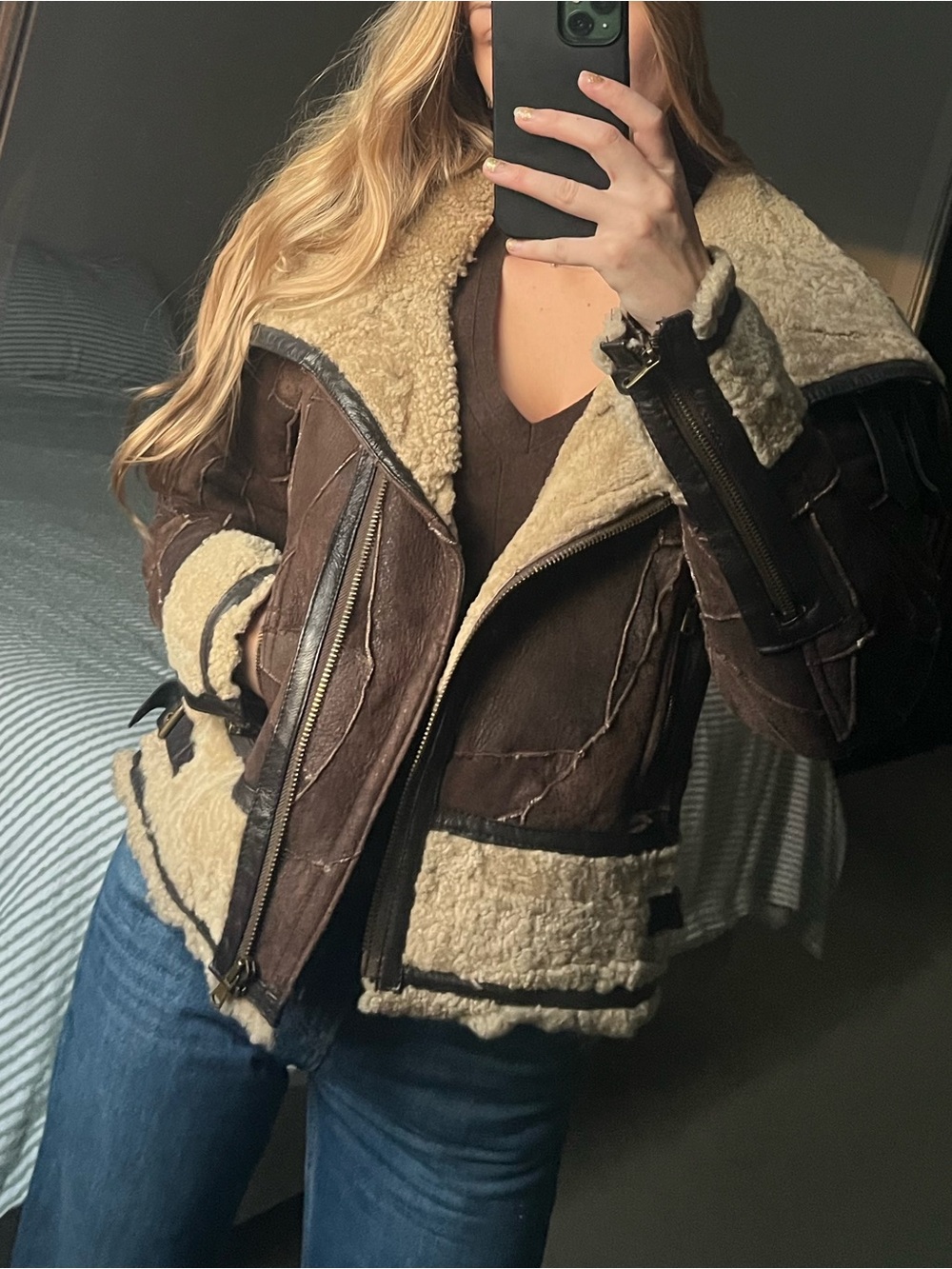 Velvet Heart Brown Leather Aviator Jacket with Cream Shearling